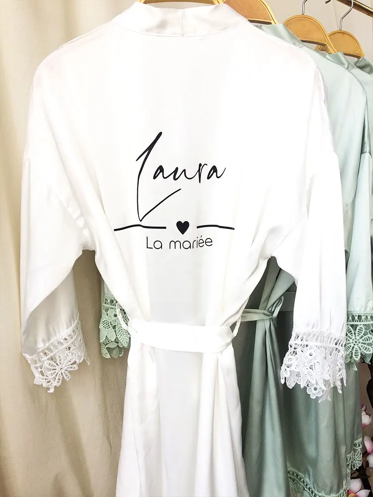 La Mariée White Kimono with Name Gowns for Bride Demoiselle D’Honneur Green Sage Kimono Custom Satin Robe Lace Robes for Wedding