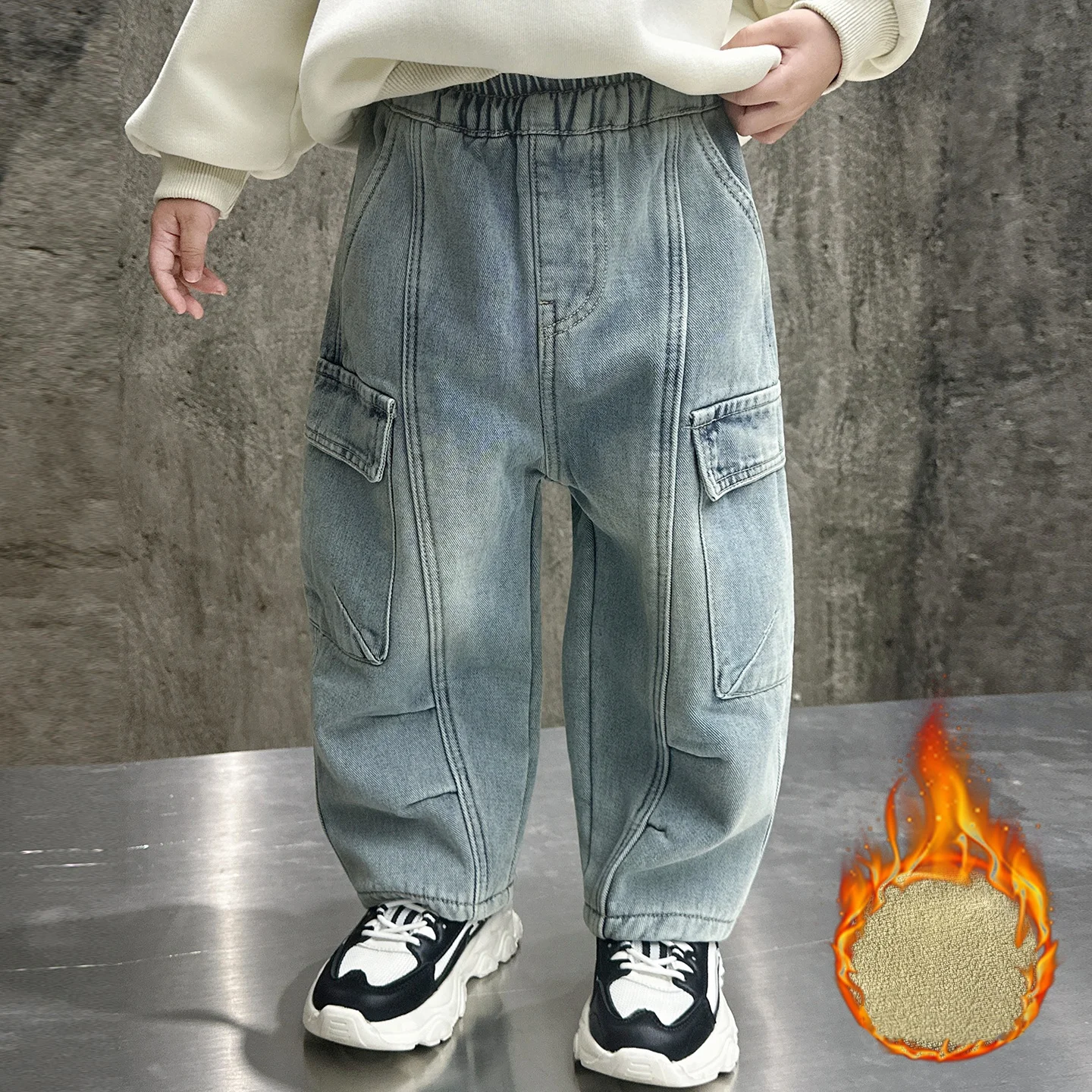 Jean Cargo pour enfants, pantalon en Denim Baggy délavé bleu clair, taille élastique, doublure polaire chaude, multi-poches, Streetwear décontracté