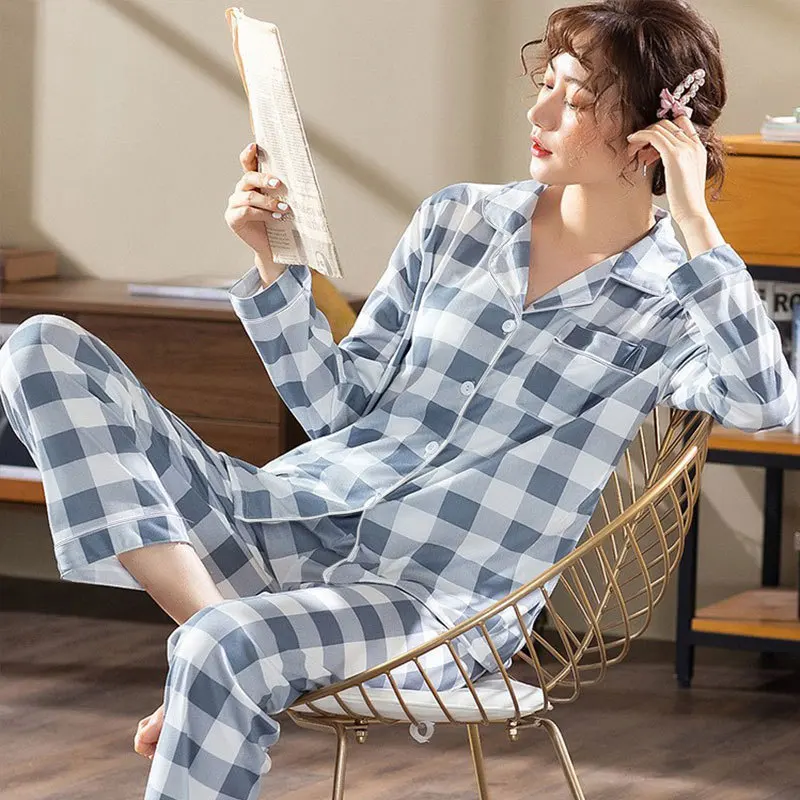 Spring Autumn Women's Thin Plaid Pajamas Flip Collar Long Sleeve Cardigan Pants Oversized Loose Casual Home Clothing Set