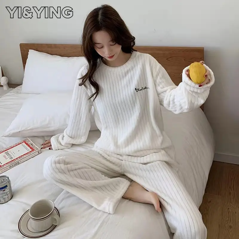 

[YI&YING] Warm Set Women's Autumn and Winter Coral Plush Sleepwear Solid Color Plush Home Fur Two Piece Set New WAZC620