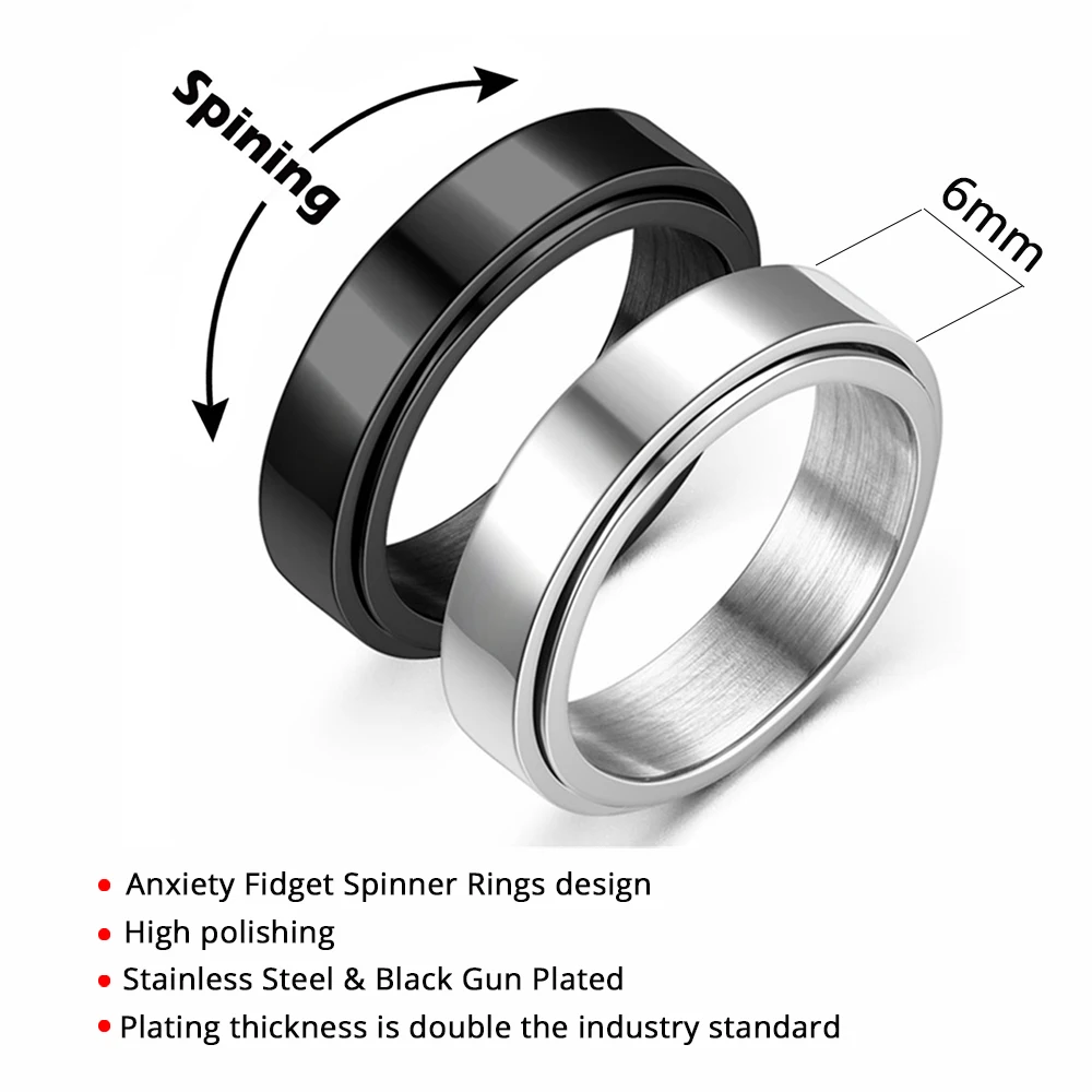 Anxiety Fidget Spinner Rings for Men 6mm Smooth Stainless Steel Spinning Rotating Ring for Women Anti Stress Jewelry Gift stainless steel ring finger ring fidget spinner ring