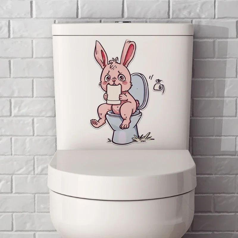 Cartoon Pink Rabbit Toilet Water Tank Toilet Stickers Home Decoration Wall Stickers Self-Adhesive Decor Decals Bathroom