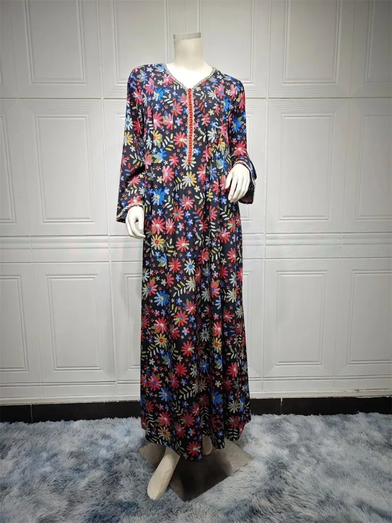 Turkish Abaya For Woman Chic Diamonds Printing Muslim Clothing Kuwaiti Loose Full Sleeve Dubai Moroccan Islamic Robe