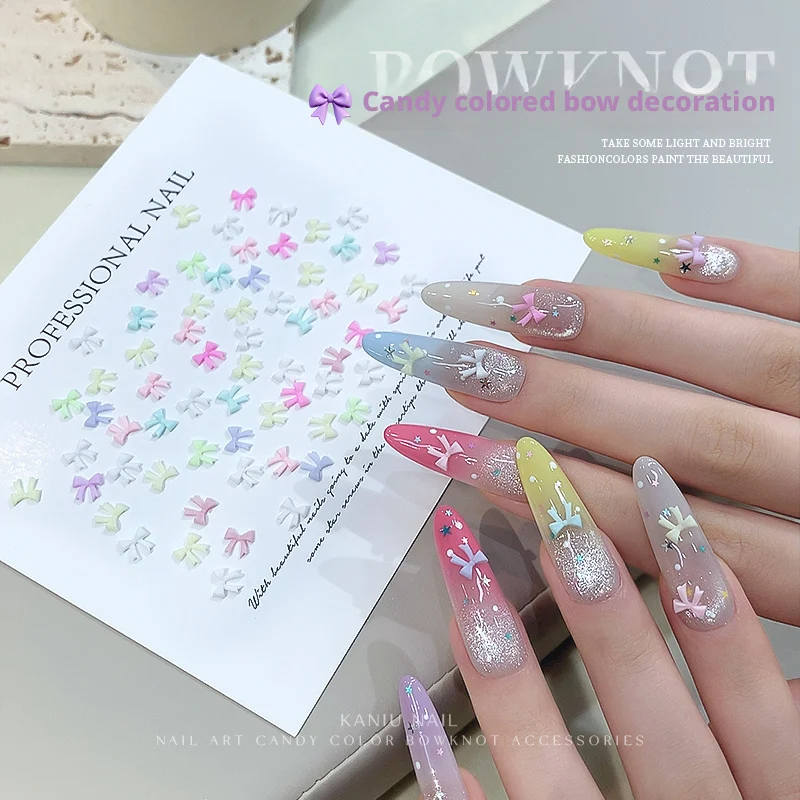 카니우 50/100개 3D 미니 리본 네일 참 컬러 그라데이션 네일 액세서리 젤 폴리쉬 DIY 네일 아트 데코 브라이덜 파티 매니큐어