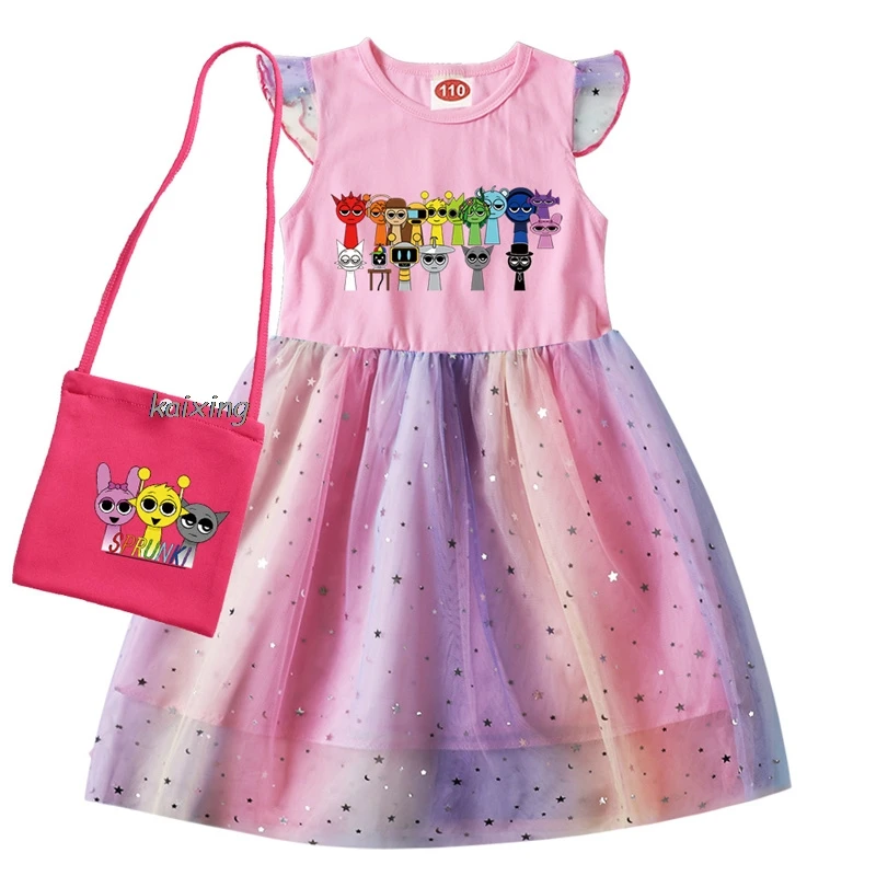 Kids New Girls Dress Sprunki Cartoon Print Kids Clothing Princess Dresses +Bag Flying Sleeve Party Costume Best Gift