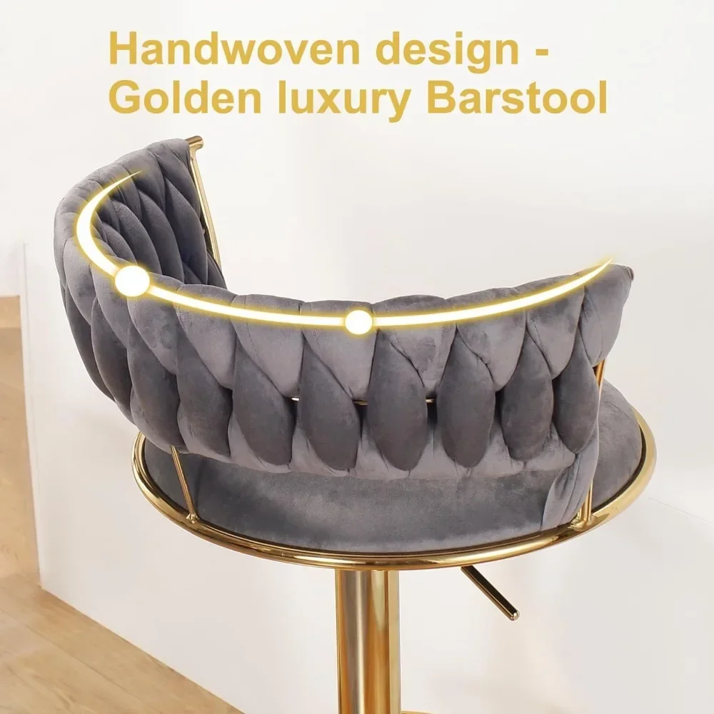 Bar Stools Set of 2 Modern Gold Velvet Barstool with Backs Adjustable Height and Swivel Kitchen Bars Chairs Bar Chair
