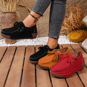 Women's Comfortable Platform Moccasins Soft Sole Breathable Lace Up Casual Daily Shoes for Ladies