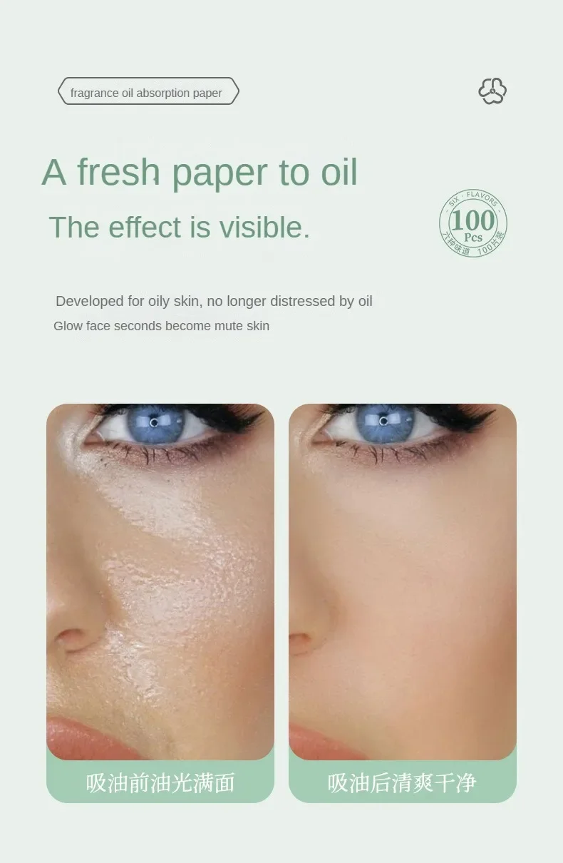 Description Picture 6 of item100Pcs New Face Oil Blotting Paper Protable Matting Face Wipes Facial Cleanser Oil Control Oil-absorbing Face Cleaning Tools