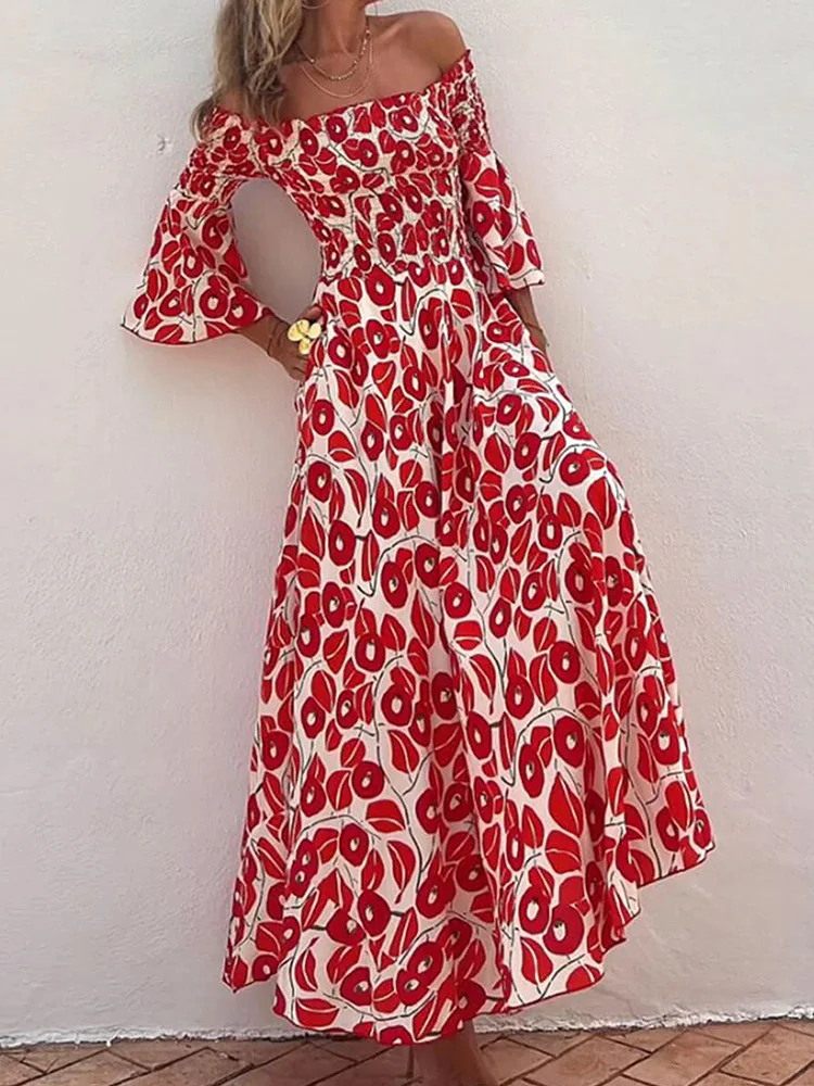 

New Floral Printing Patchwork Maxi Dress, Women Spring Summer Slash Neck Fashion Party Dress, Backless Flare Sleeve Ladies Dress