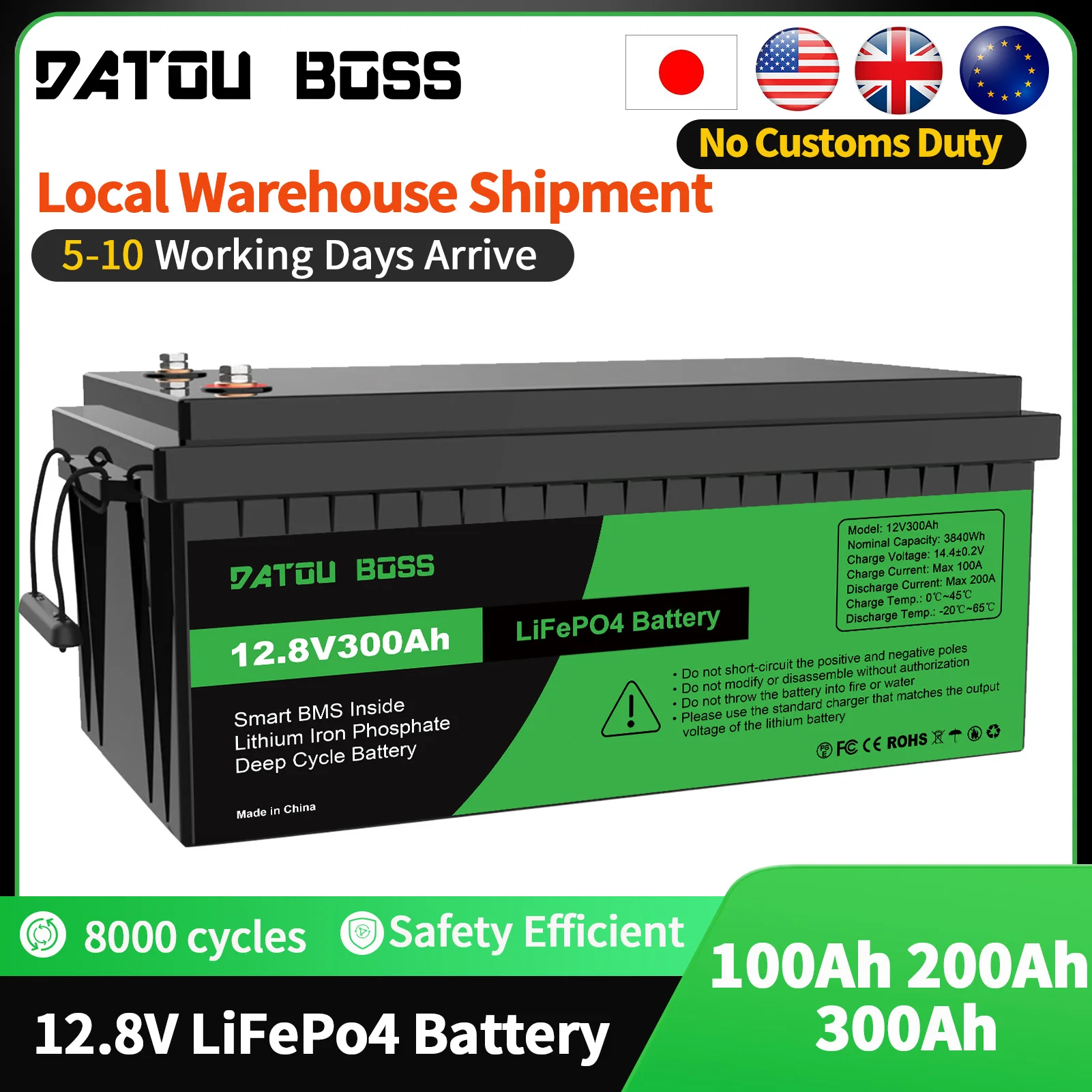 MFUZOP LiFePO4 12V Battery with BMS 8000Cycles, 100A 200A 300A
