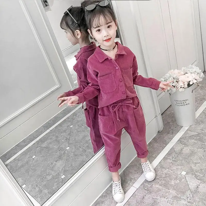 

Childrens Sets Girls Autumn New Clothing Two Piece Set Korean Blouses Elastic Waist Ventilate Soft Vintage Pleated Solid