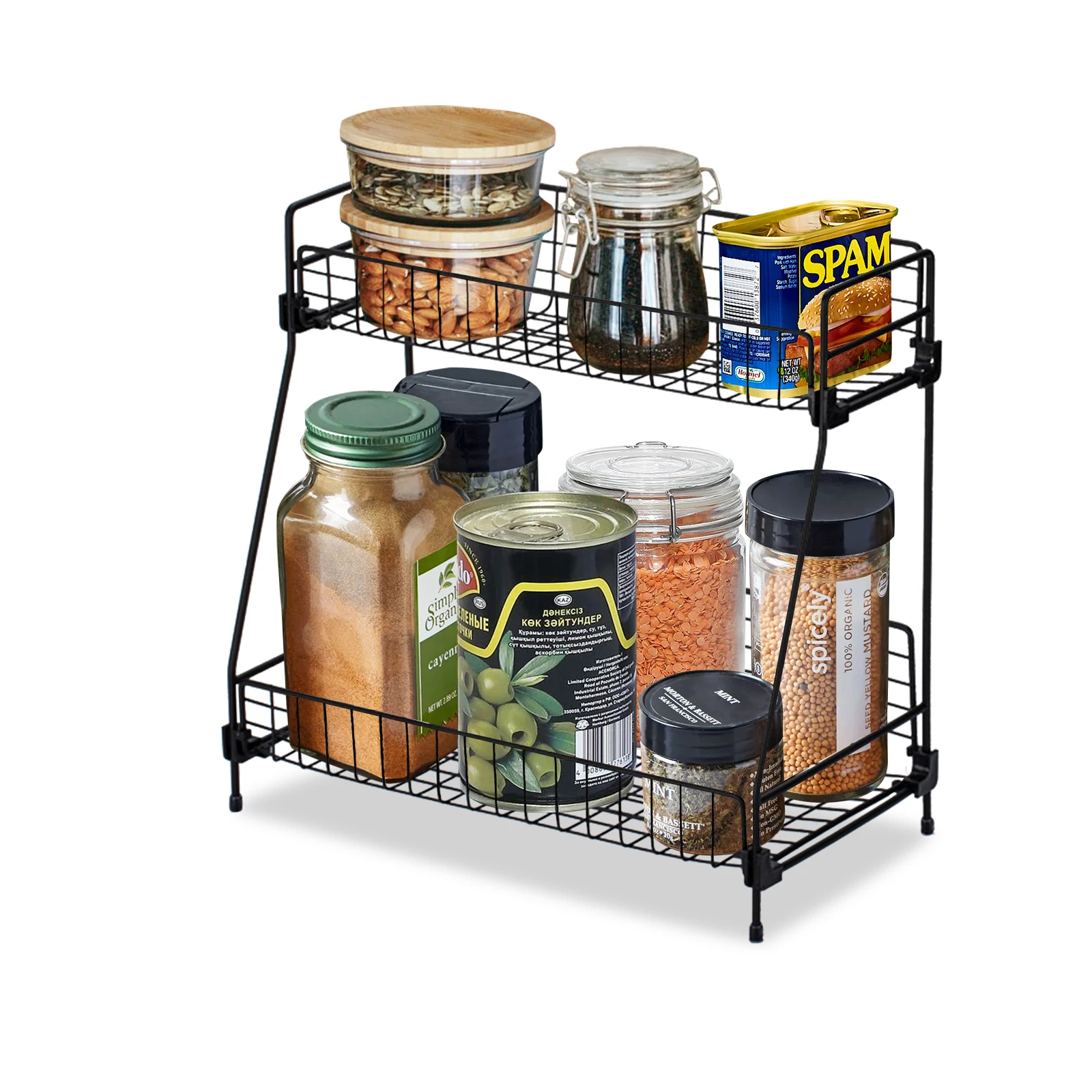 Standing 2 Tiers Spice Herb Jar Rack Holder Storage Organizer Counter Shelf Black: 3 - 5 Days Free Delivery Only UK
