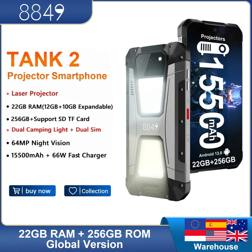 8849 Tank 2 Teléfono Movil Resistente Android 13, 22GB+256GB Telefono Movil  Resistente con Proyector, 15500mAh 6,79 Móvil Resistente y Smartphone