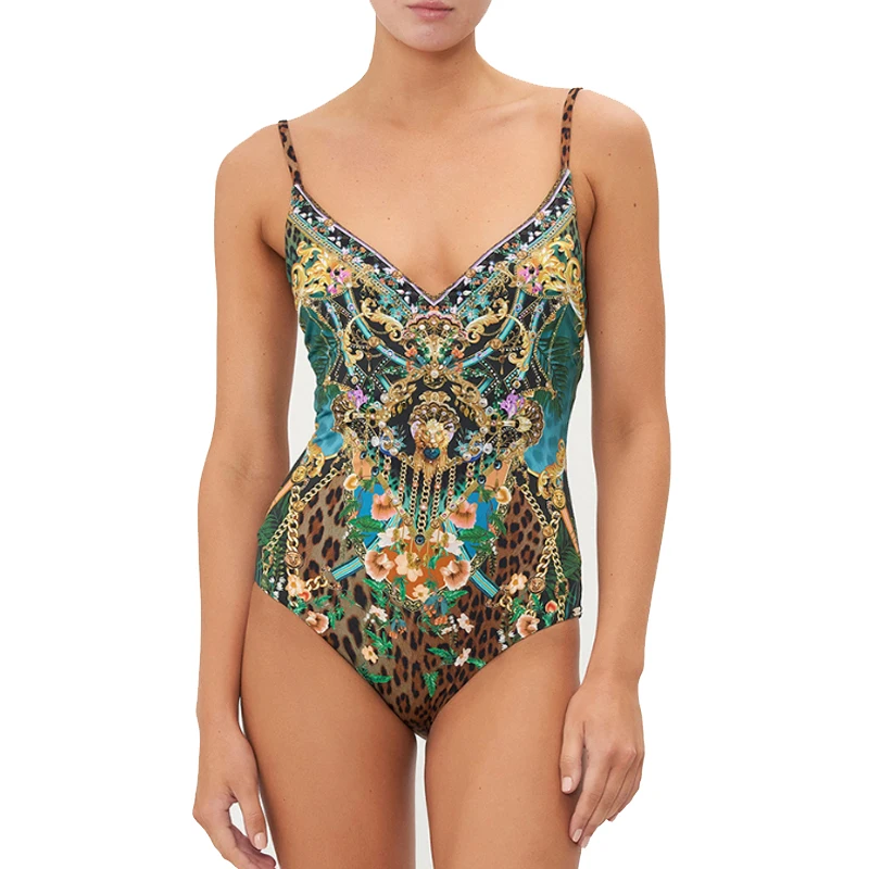 Golden Print Swimsuit Sexy Retro Baroque V-Neck Swimwear One Piece Novelty Bodysuit Push Up Lady Beachwear Vintage Cover-up