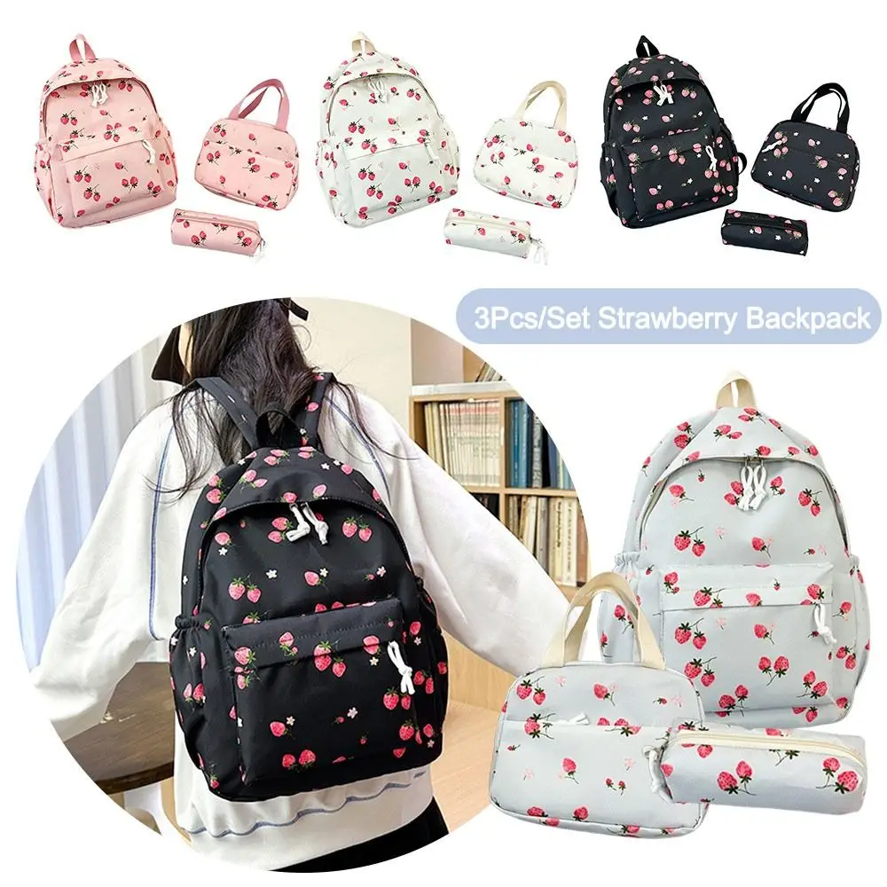 Oxford Cloth Strawberry Backpack Large Capacity Adjustable School Bag Preppy Style with Lunch Bag & Pencil Case Travel Backpack 3