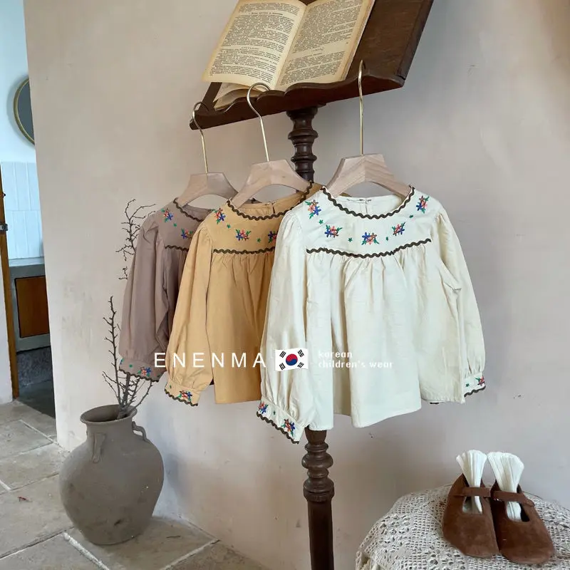 

Korean Style Children's Clothing 2023 Spring Autumn New Embroidered Long-sleeved Baby Girl Shirt Little Girl Cotton Blouse