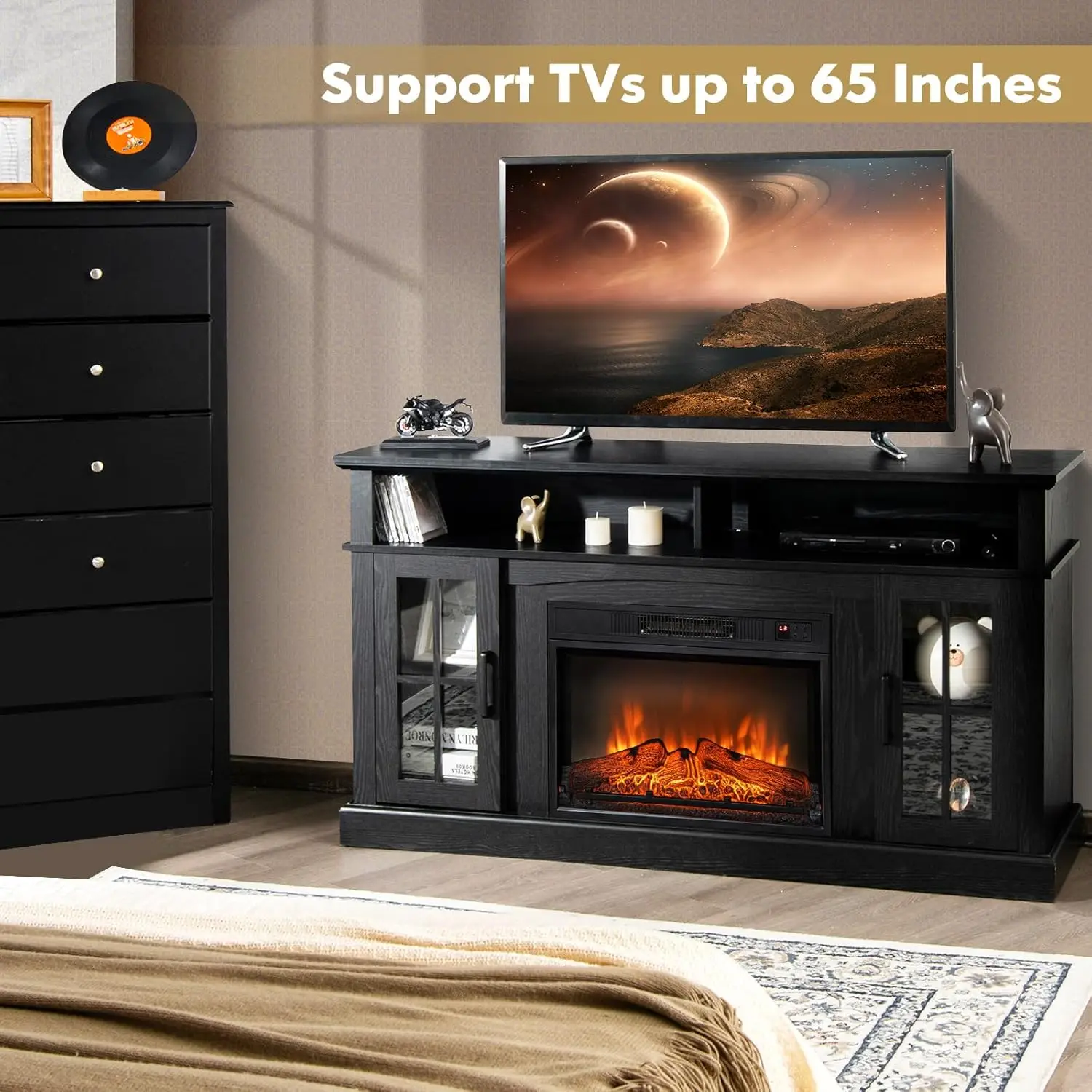Electric Fireplace TV Stand for TVs Up to 65 Inches 1400W Heater Insert with Remote Control 6H Timer 3-Level Flame