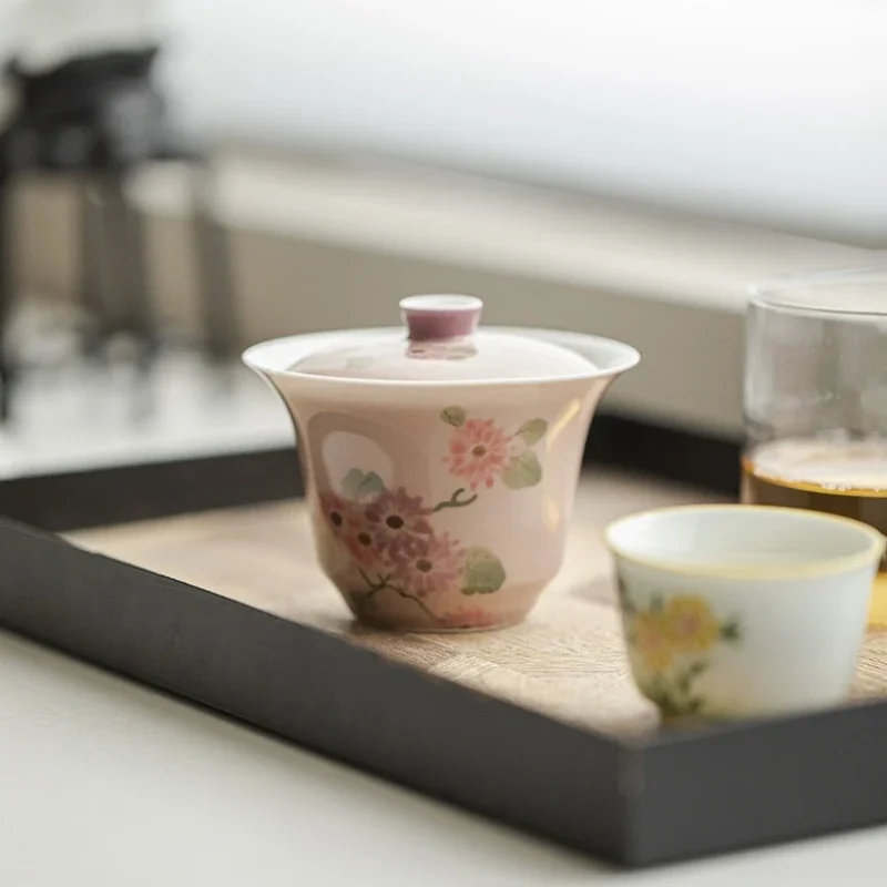 

Hand Painted Flowers Porcelain Gaiwan Set For Tea Tureen Teaware Cup Chinese Pink Tea Bowls Chawan Tea Ceremony Set