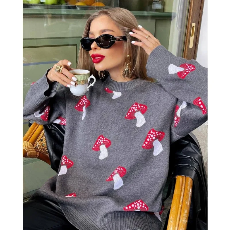 

Women Knitted Printed Sweater Vintage Harajuku Long Sleeve Jumpers Autumn Winter Pullover Chic Tops Women Clothing O-neck Loose