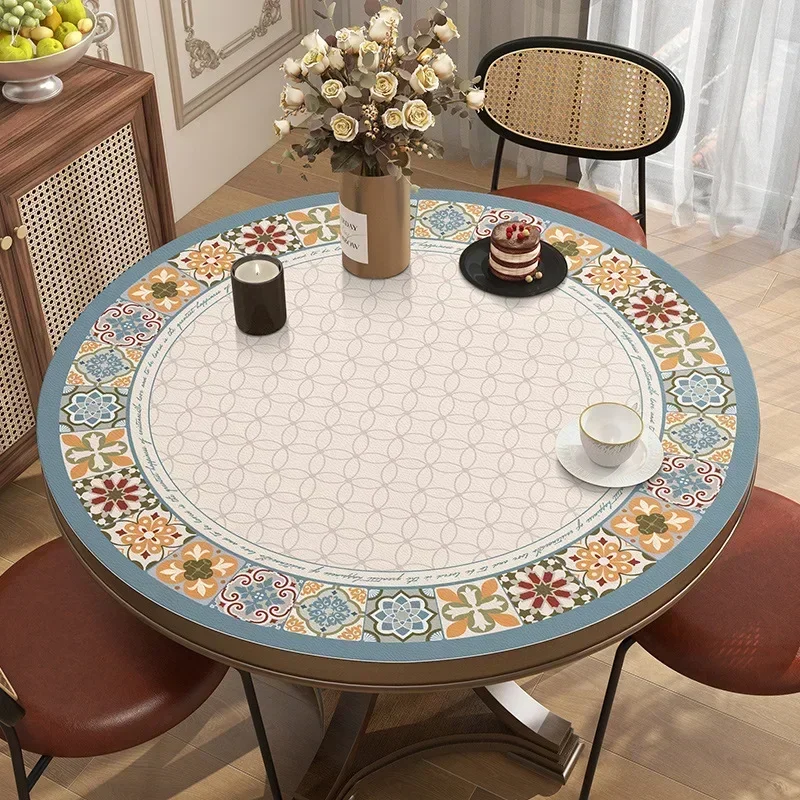 

Vintage print Custom Round Tablecloth Waterproof Oil Proof Leather Round Table Mat Non-slip Party Table Deco Cover