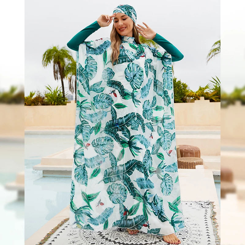 New Burkini Muslim women's swimsuit green leaf print full cover diving surf swimsuit four-piece beach sun protection swimsuit