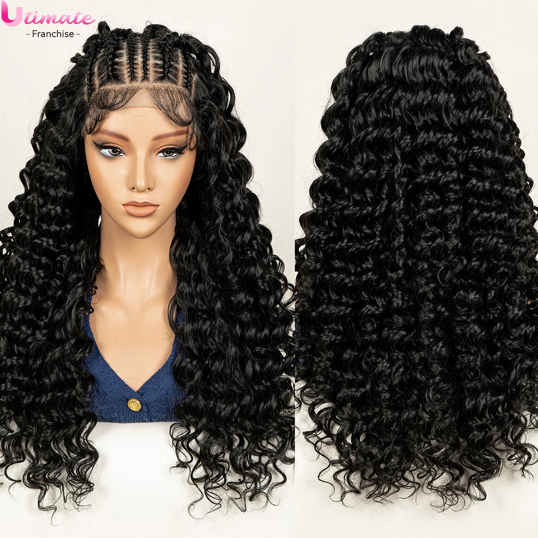 Parrucca sintetica per capelli ricci intrecciati a metà cornrow Parrucca trasparente per capelli frontali in pizzo 13x6 con capelli da bambino per donne nere