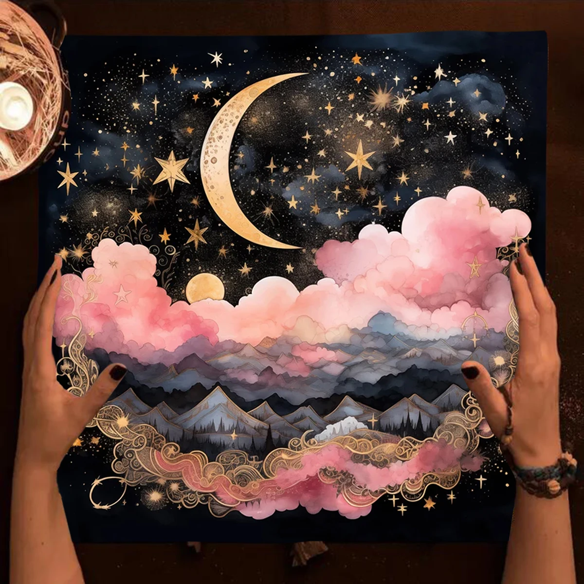 Sun Moon Starry Sky Tarot Tablecloth Altar Cloth Pink Cloud Divination Cloth Witchcraft Astrology Oracle Card Pad Home Decor 4