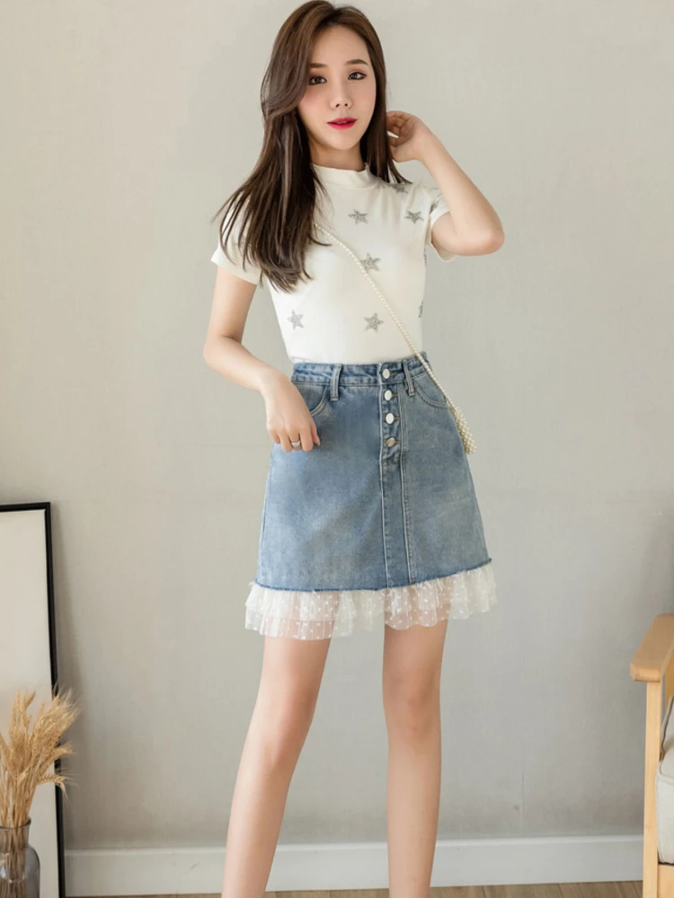 

Summer New 2022 Denim Mini Skirt Women Korean Fashion Lace All-match Skirts Female Elegant High Waist A-line Blue Mujer Faldas