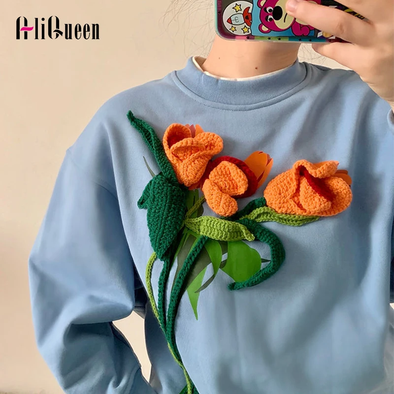 

Vintage Autumn 3D Knitted Decorative Flowers Women Sweatshirt Female Casual Pullovers Tops Womens Oversized Hoodies