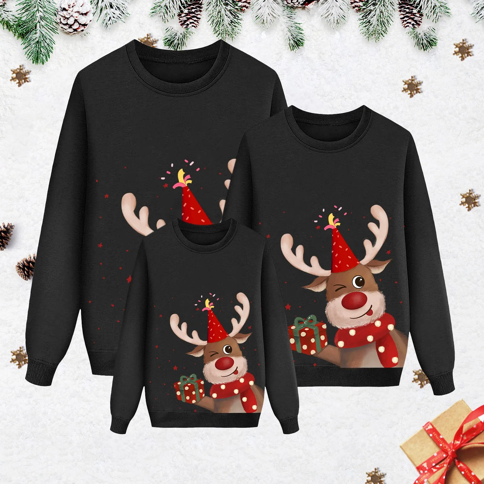 thumbnail image 5 of Conjuntos de sudaderas a juego con apariencia familiar navideña Sudaderas con capucha y estampado de renos de dibujos animados en 3D Sudaderas con capucha a juego Padre Madre Niños Tops, 5 of 5