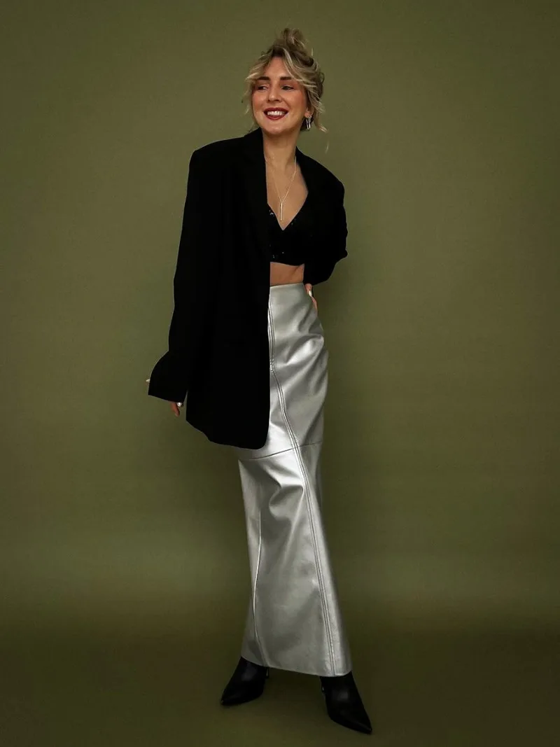 Slit PU Skirts For Women 2025 Spring New Slim Y2K Sheath Skirt Femme Street Solid Casual Fashion Elegant Skirts Womens