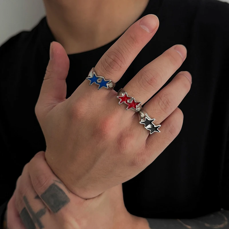 Vintage Black Drip Oil Pentagram Star Open Rings For Women Men Hip Hop Rock Metal Star Adjustable Couple Rings Jewelry 2