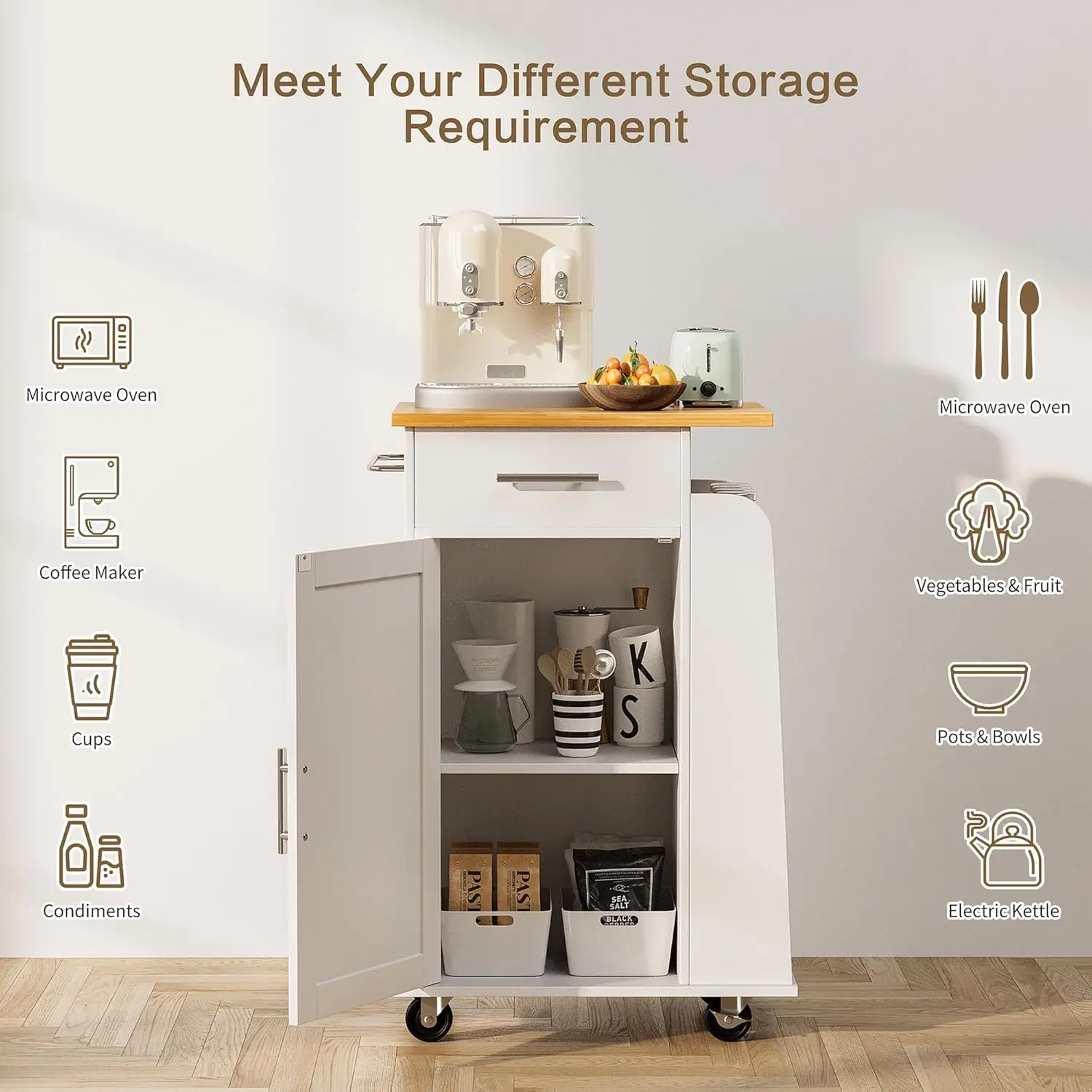 Kitchen Island with Storage Cart Table Rolling Butcher Block Cabinets Small on Wheels Portable Drawers Mobile Moveable Narrow