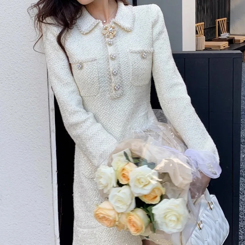 Elegant Short Dress European Style Tweed Lapel Beading Button Long Sleeve Fashion Dresses For Women 2025 Spring Summer 9896