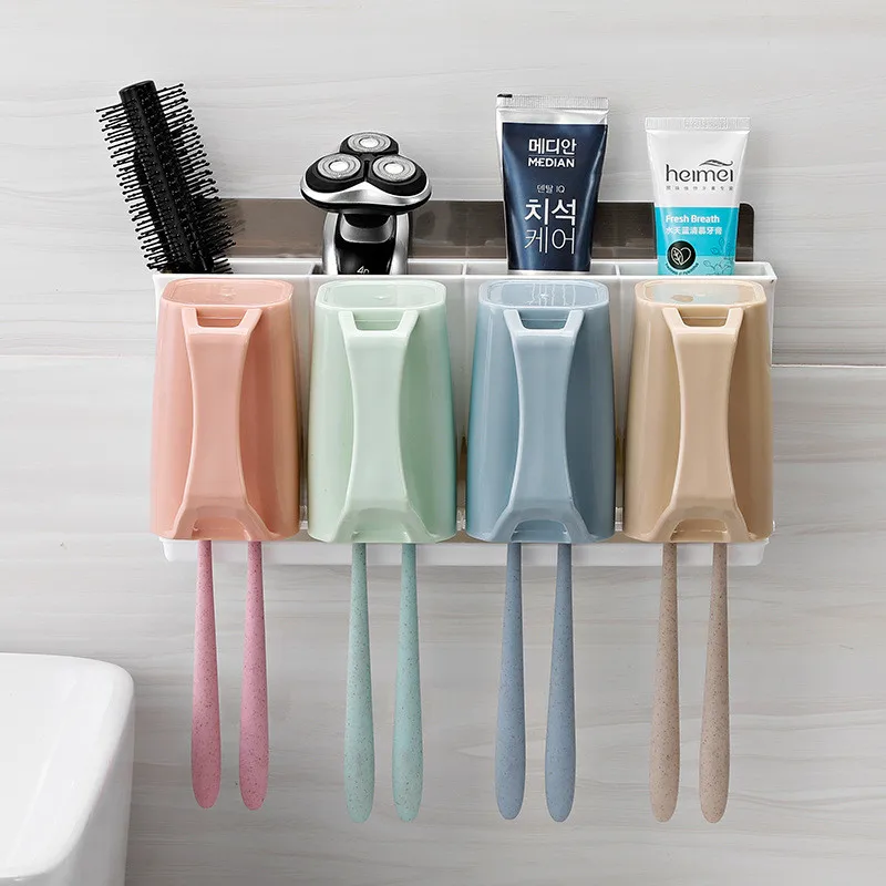 

Bathroom Toothbrush Holder with 4 Cups, Free Punch, Wall Mounted, Toiletries Storage Rack, Fit for Family, Cups Organizers