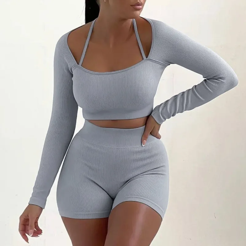 2023 Winter New Women's Knitted Thread High Elastic Back Fitness Two Piece Set for Women