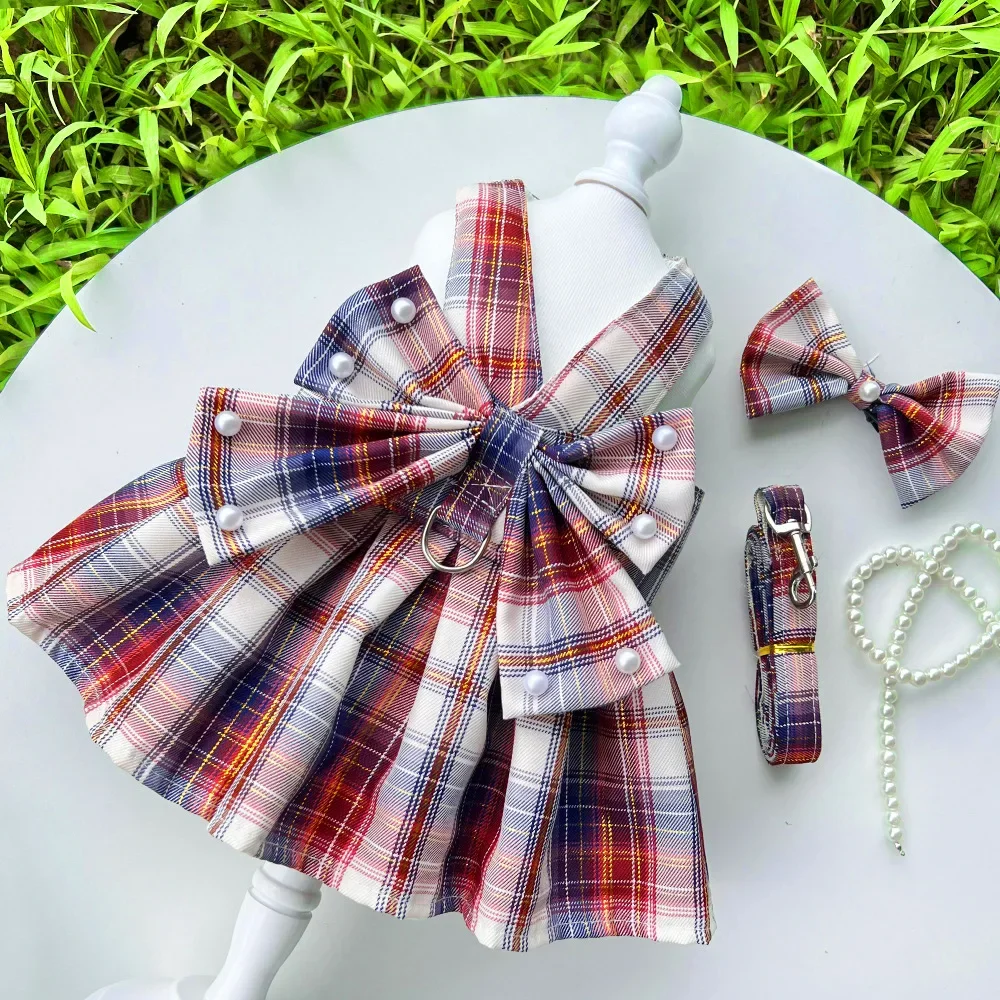 Pet Harness Leash Set Cute Plaid Dog Dress Cat Dog Holiday Party Costume Summer Girl Pet Clothes Bowknot Puppy Princess Dresses pet harness leash set pet harness set