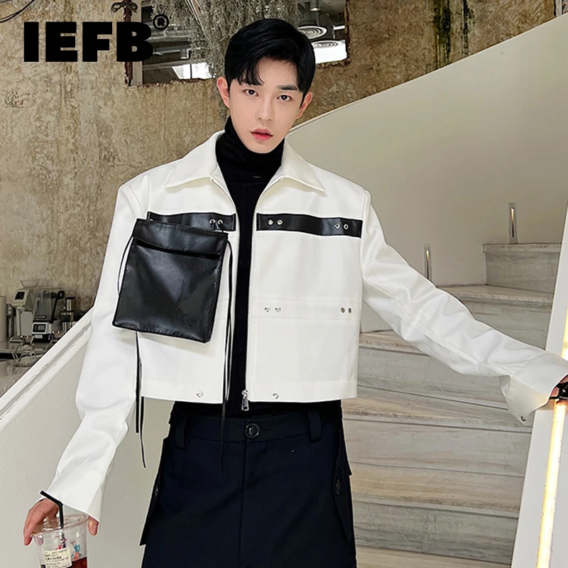 

IEFB Men's Jacket Pu Leather Spliced Detachable Large Pocket Niche Design Personality Menwear Fashion Patchwork Outerwear 9C1552