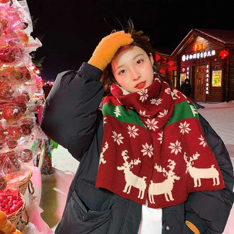 Christmas Gift Red Deer Scarf Female Autumn Winter Warm Versatile Student Couple Korean Version New Year Neck Scarf