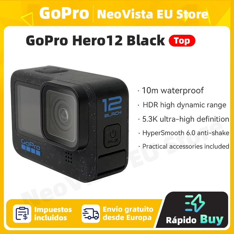 Cámara de Acción gopro HERO12, videocámara deportiva para casco, color negro, hypersmoot6.0, 5,3 k60 fps, 27MP, stock en la UE