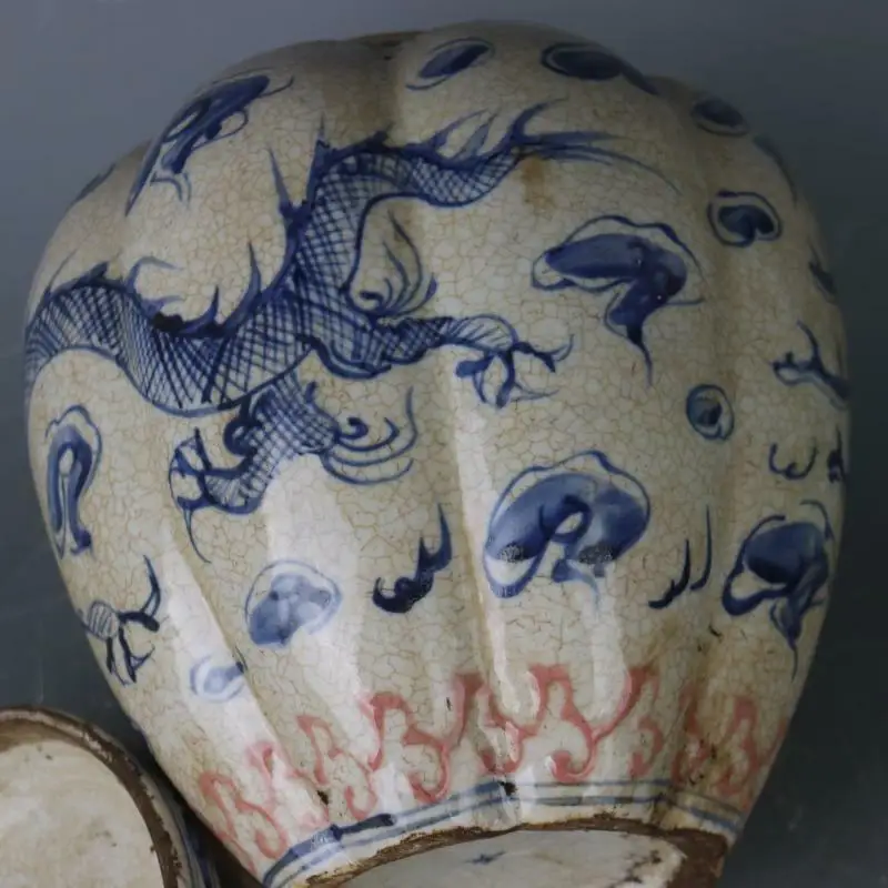 Chinese Yuan Blue and White Porcelain Jar Dragon Phoenix Design Pot 9.17 inch