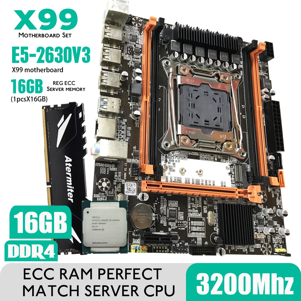 Atermiter X99 D4 DDR4 Motherboard Set With Xeon E5 2630 V3 LGA2011-3 CPU 1pcs X 16GB = 16GB 3200MHz DDR4 PC4 Memory REG ECC RAM best pc mother board