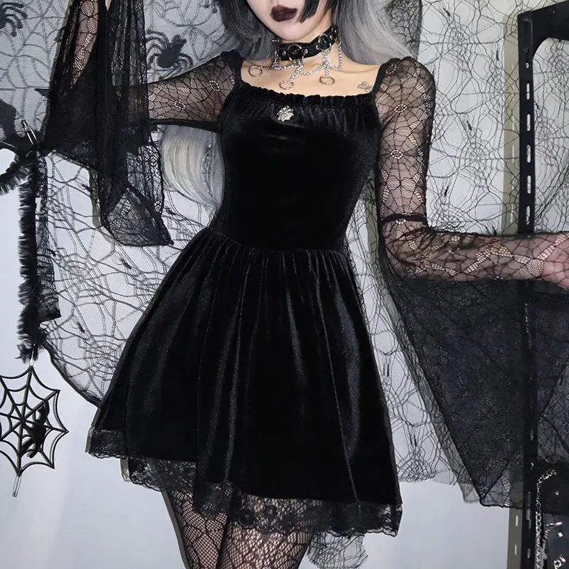 2023 New Black Goth Lace Pattern Velvet Women Dress Sexy Elegant Party Club Dresses Robe Vintage Square Collar Long Sleeve Dress