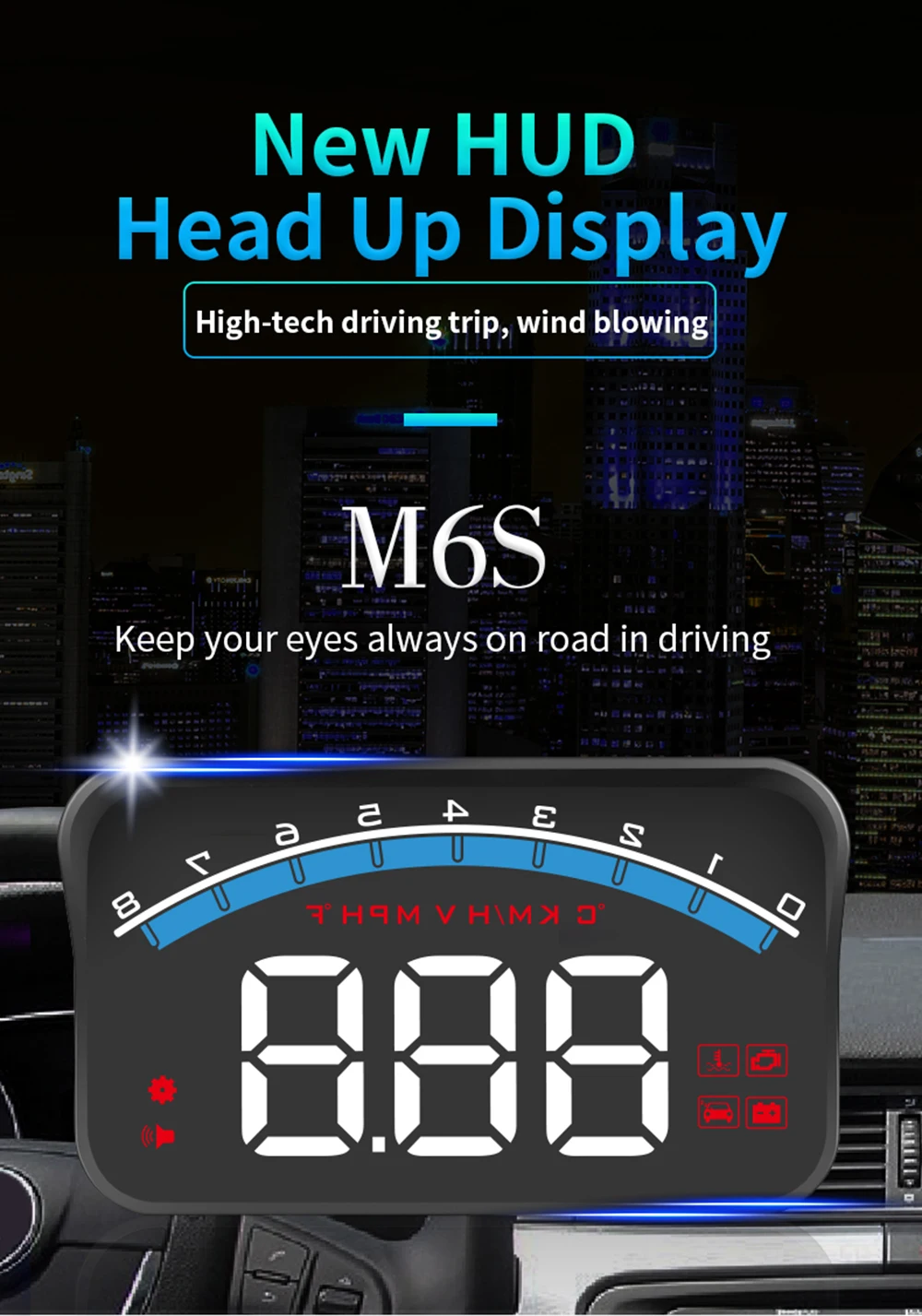 HUD M6S Head up Display Digital Car Speedometer GPS Projector Windshield On-boar