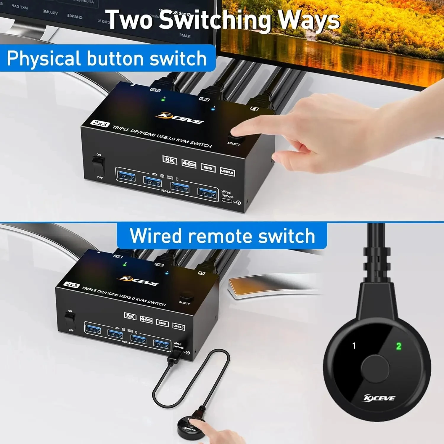 Ʈ  KVM ġ, ÷ Ʈ 2 , HDMI USB KVM ġ, 8K @ 60Hz,4K @ 144Hz,  3 , ǻ 2 , USB 3.0 Ʈ 4 