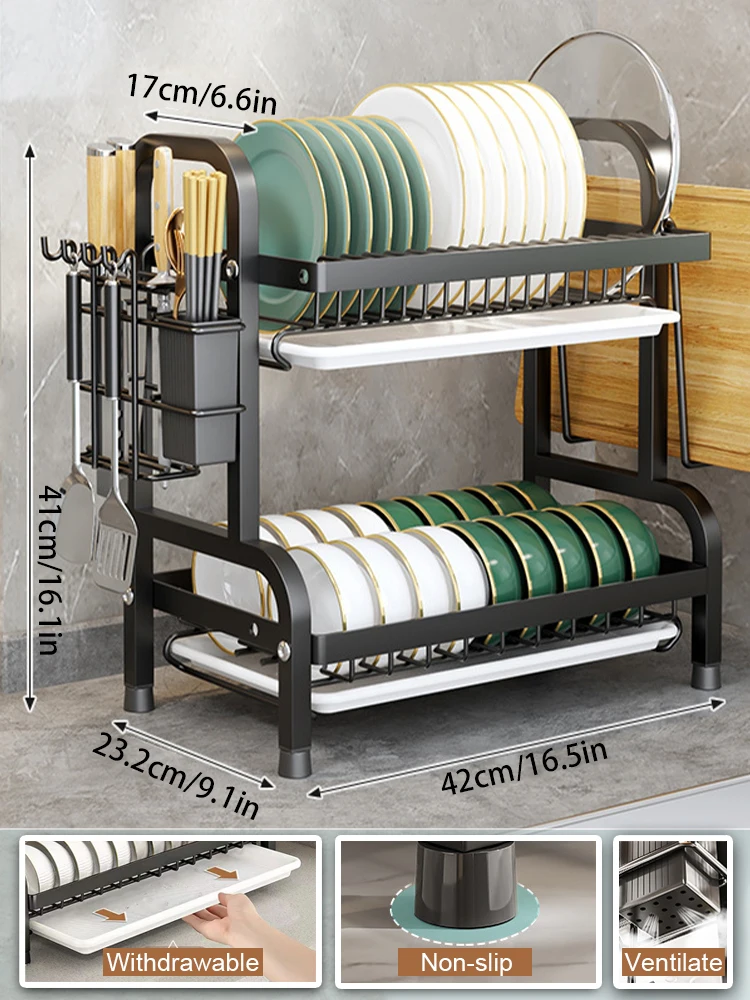 Dish Drying Rack 2-Tier Compact Kitchen Dish Rack Drainboard Set Large Rust-Proof Drainer with Utensil Holder