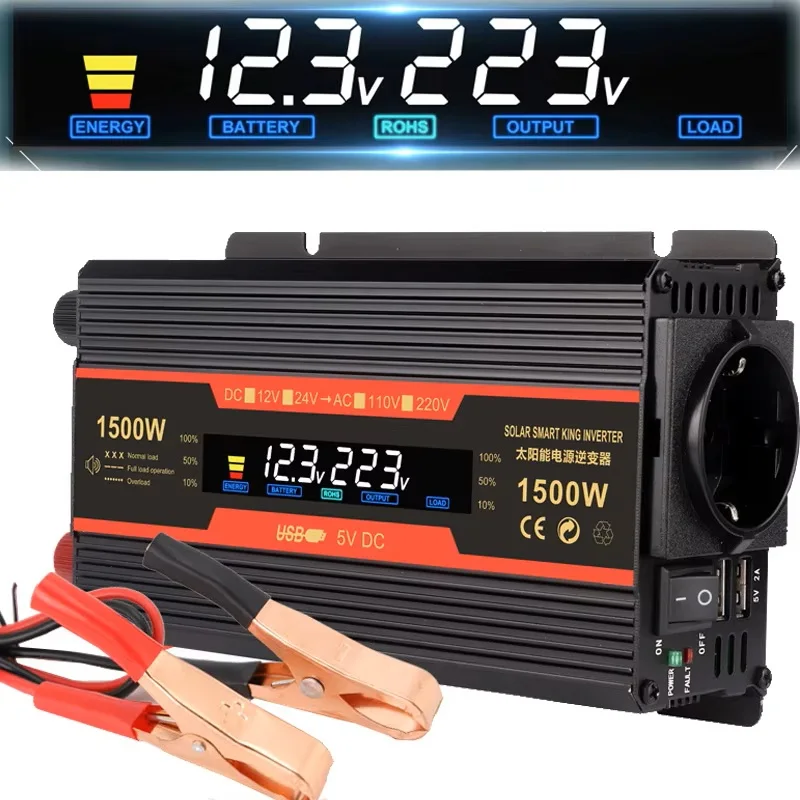 EU 소켓 전원 인버터 12V 220V 1500W 휴대용 태양광 인버터 전압 변환기 DC-AC 전압 조정기 충전기