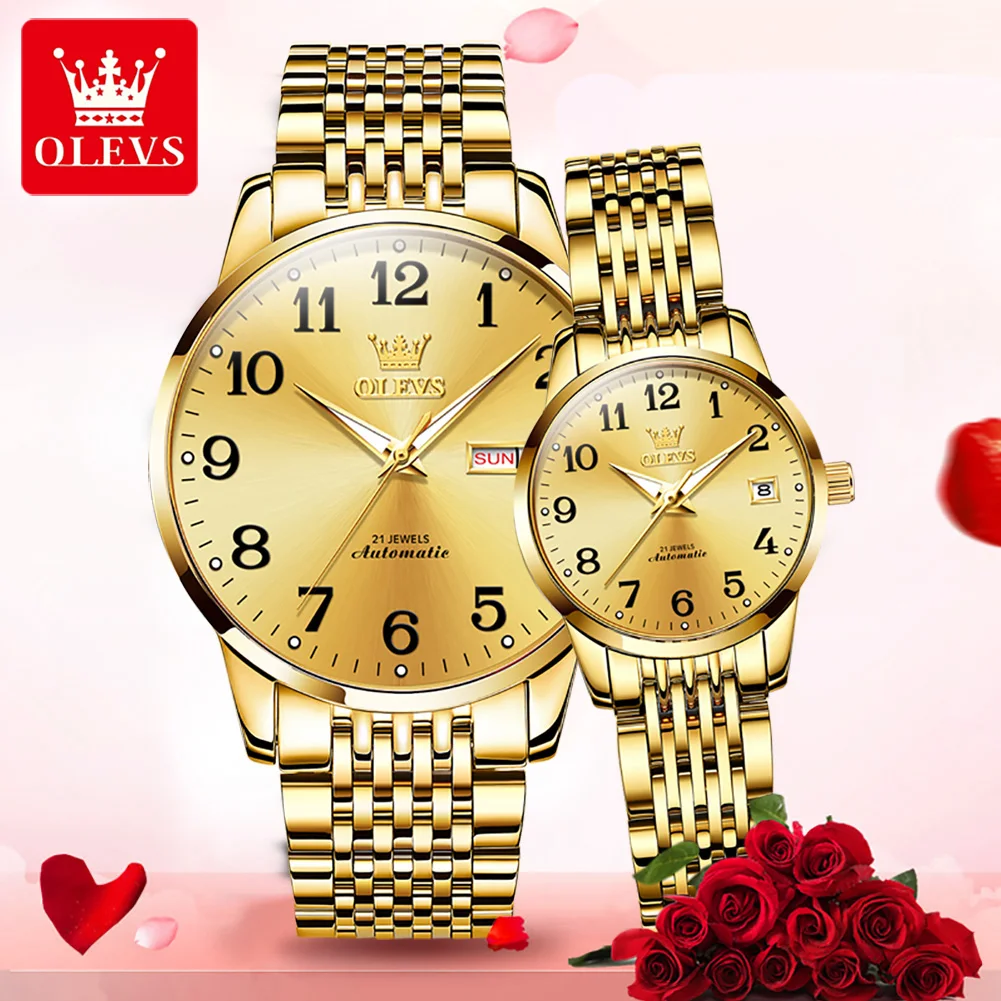 OELVS Brand New Luxury Gold Mechanical Couple Watch for Men and Women Stainless Steel Waterproof Week Calendar Couple Watches