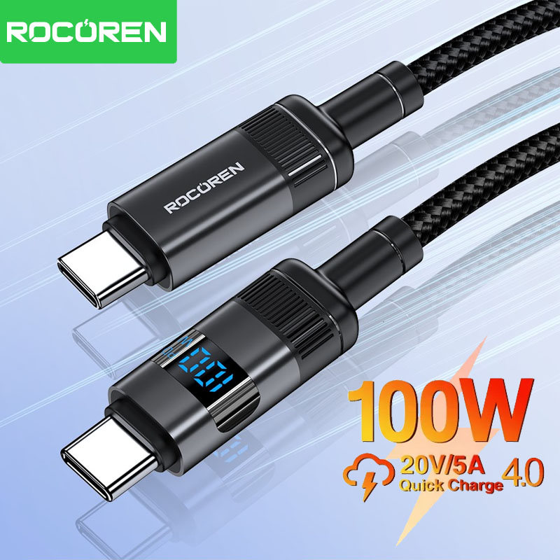 Rocoren 100W USB Type C Cable With Digital Display 5A PD3.1 Fast Charge Type-C Cable For MacBook iPhone 16 15 Pro Samsung Xiaomi