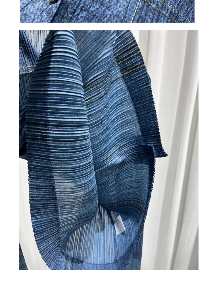 Miyake Pleated Denim Suit Women's Spring Summer 2025 New Long-sleeved Short Coat High-waisted Casual Pants Fashion Two-piece Set 6